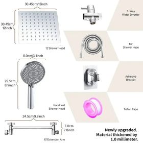 12-inch High-Flow Square Shower Head Set - Water-Saving Rain Shower With 3-Level Handheld Spray (Option: Exquisitesilver)