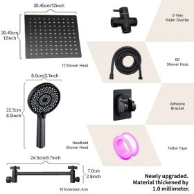 12-inch High-Flow Square Shower Head Set - Water-Saving Rain Shower With 3-Level Handheld Spray (Option: MatteBlack)