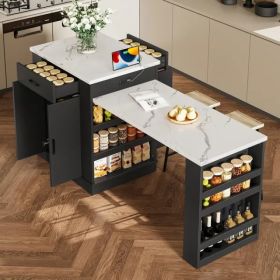Extendable Island Console With Drawers, Double-door Cabinet, And Open Shelving. Serves As Dining Table, Temporary Breakfast Bar, And Afternoon Te (Option: defaulttitle)