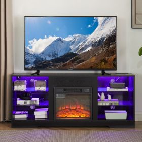 TV Stand Electric Fireplace  Glass Shelves, 3D Fireplace TV Stand With LED Lights Wood With USB Charging Outlet Modern Television Table Center Fo (Option: Black)